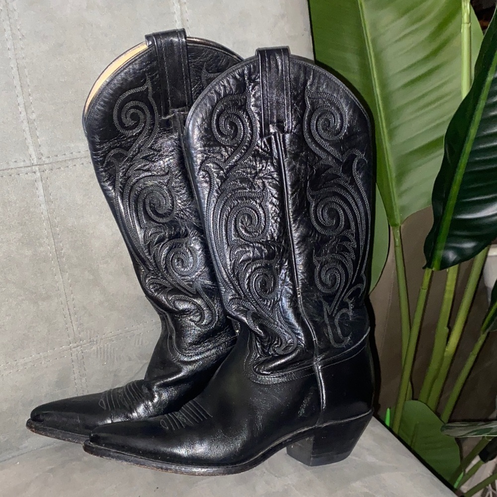 Tony Lama Black Leather Boots - Picture 3 of 8